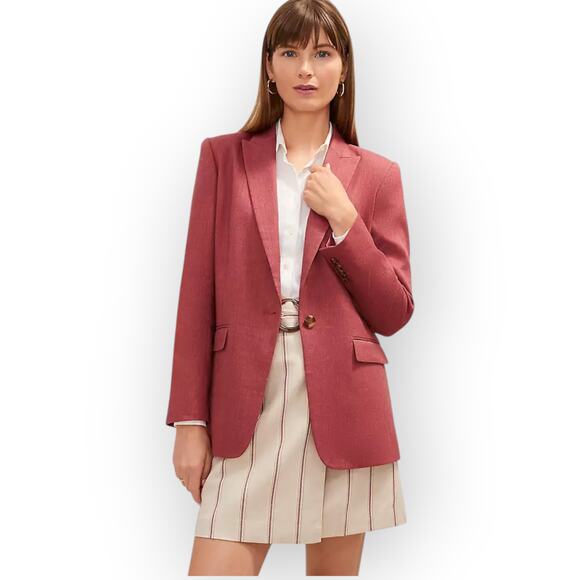 Sz12 AnnTaylor Longline Blazer LinenBlend Rose Burgundy Relaxed - Picture 1 of 11